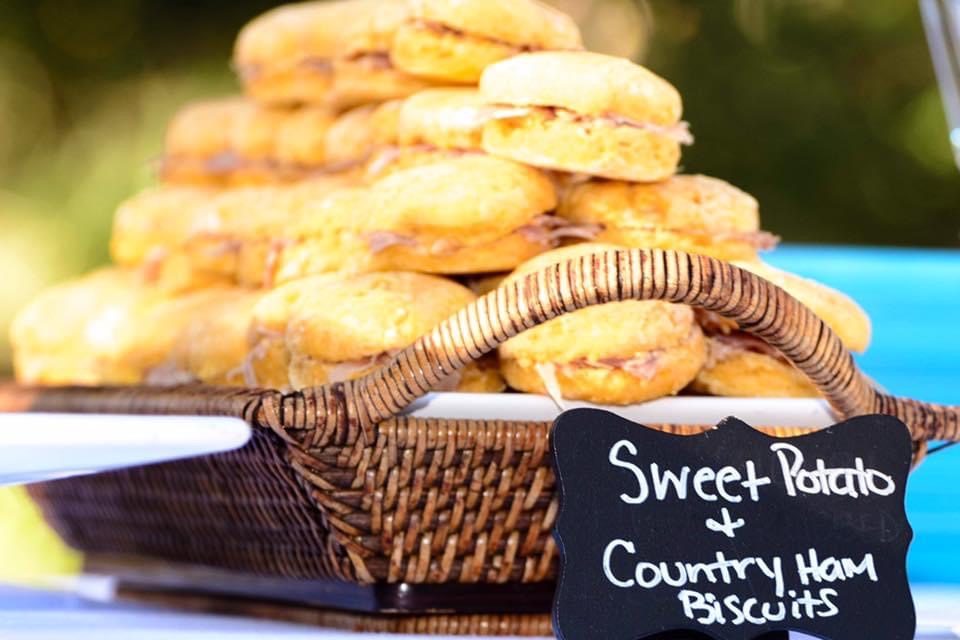 Sweet potato and country ham biscuits in a woven basket