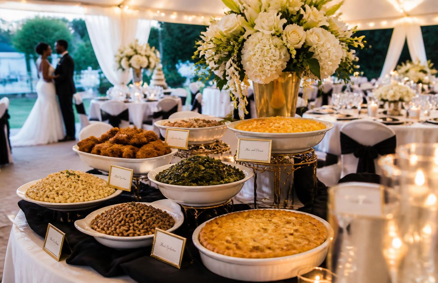 Elegant outdoor wedding reception with Southern catering buffet