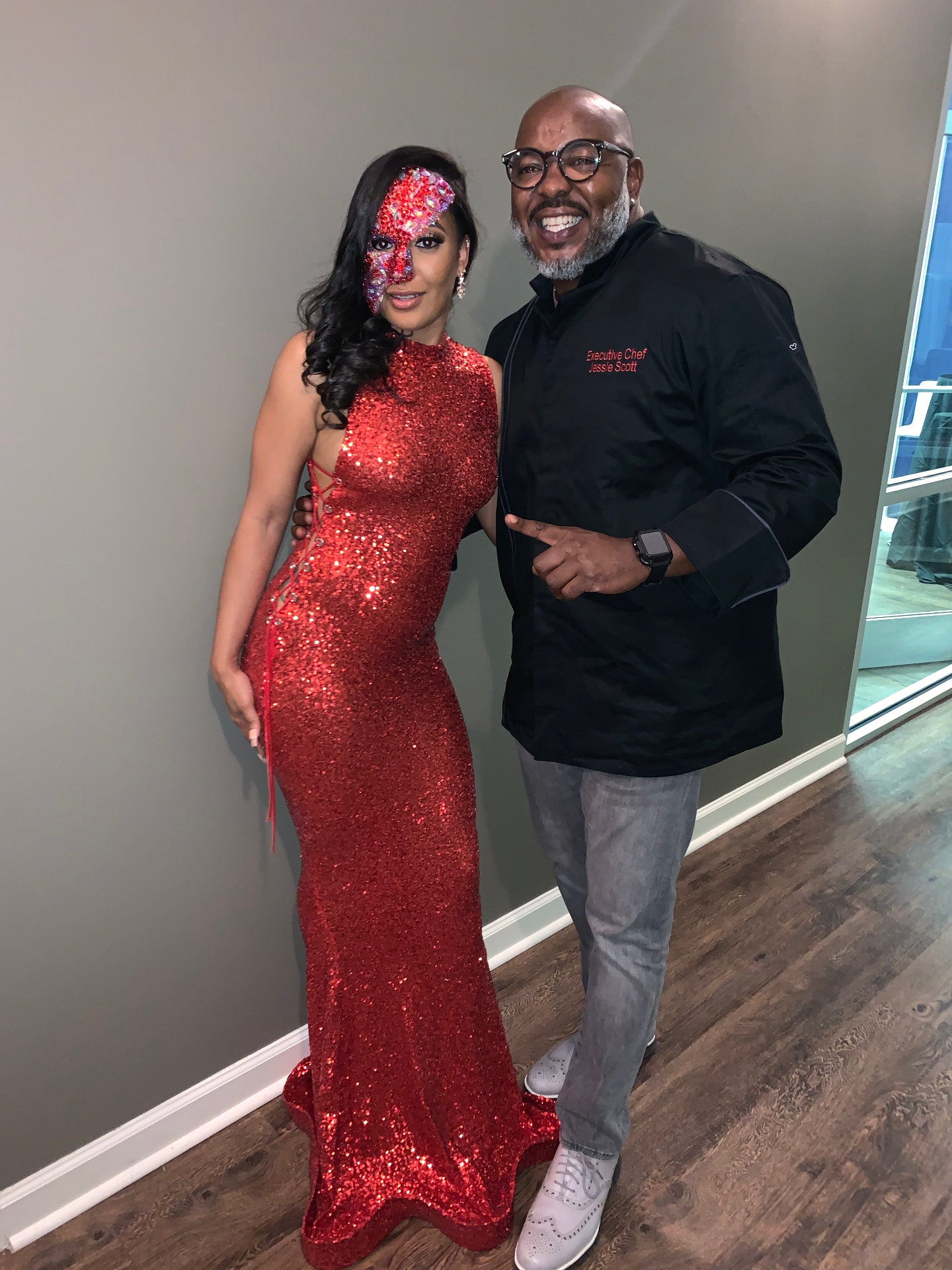 Chef Jessie at a black-tie masquerade event