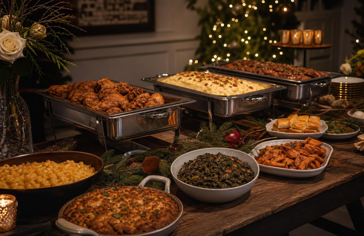 Festive holiday party table with Southern soul food catering